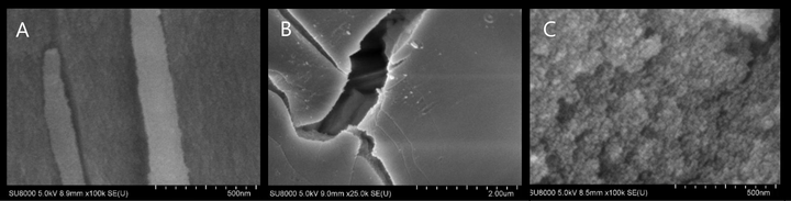 Изображения поверхности, полученные на сканирующем электронном микроскопе. А –силикагель; B — силикагель с осажденным MnO2; С — силикагель с нанесенным полианилином. Изображение предоставлено РХТУ им. Д.И. Менделеева