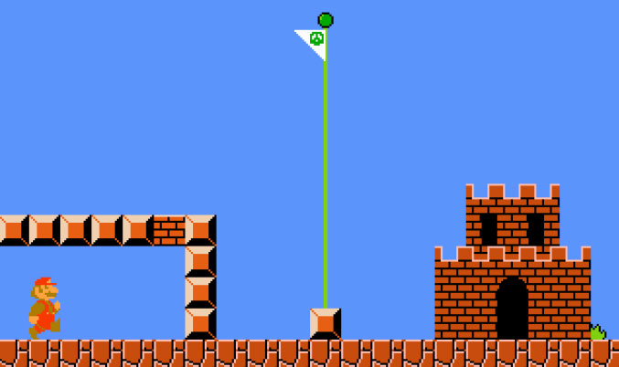 Завершается уровень игры, когда Марио достигает флагштока